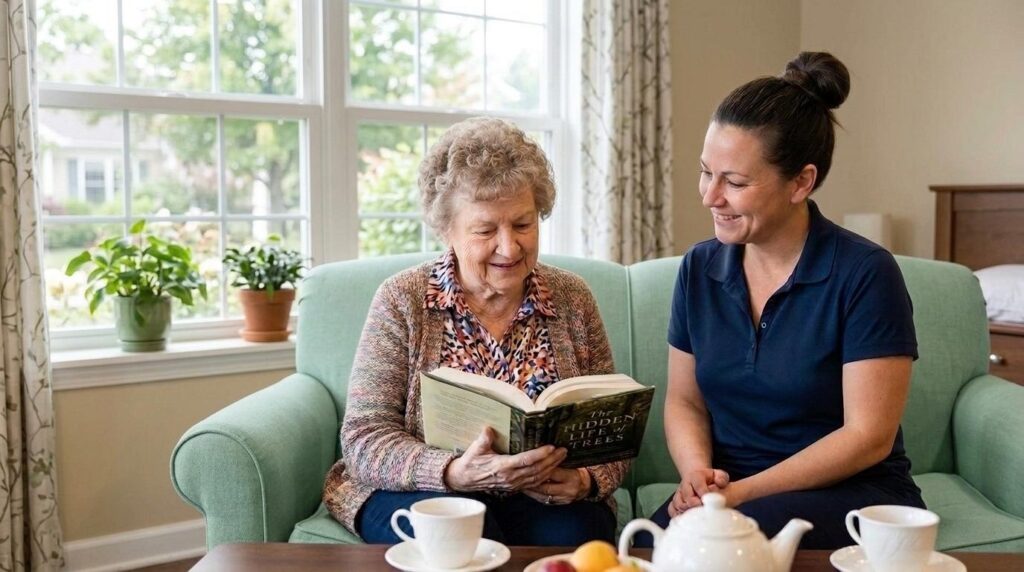 Smiling senior person receiving compassionate assistance with reading a book from a caregiver in a bright, welcoming assisted living community.