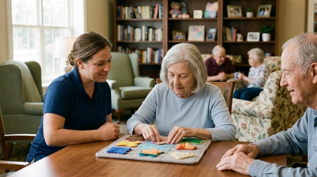A young adult creates crafts with two older adults at a wooden table in a bright room.