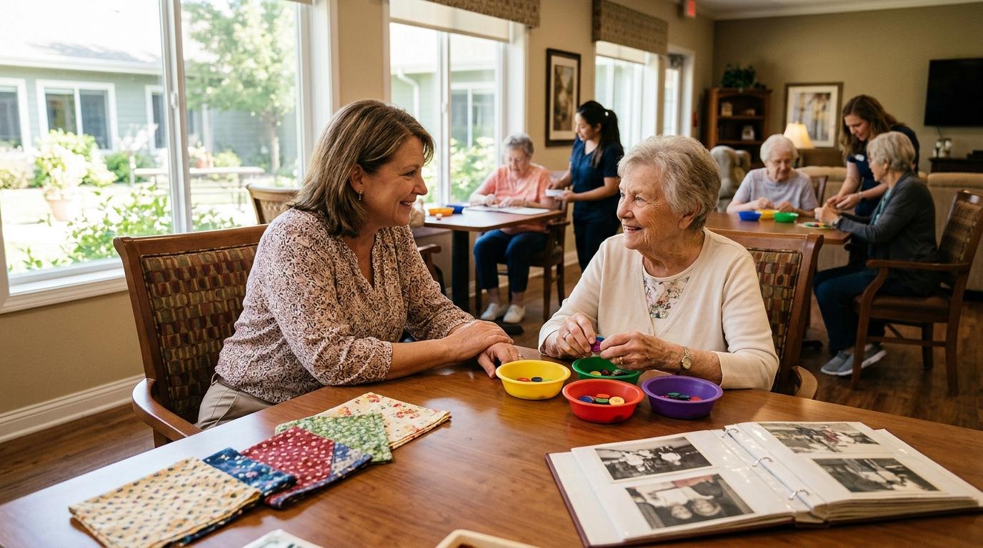 A young adult smiles at an older adult while they create crafts together at a table with a photo album and colorful bowls.