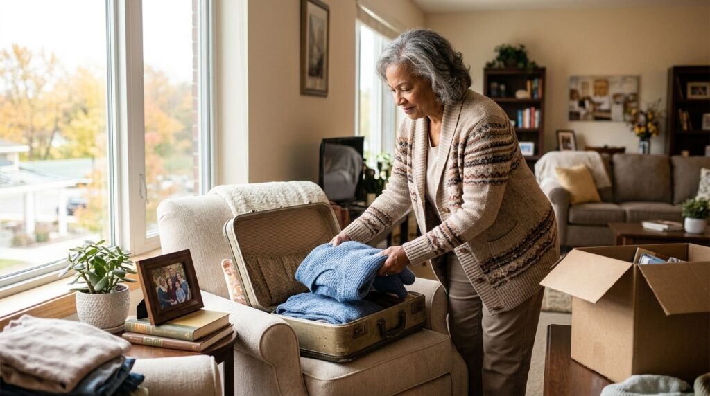 Older adult packing a suitcase thoughtfully, preparing for a move to senior living with a warm, organized approach.