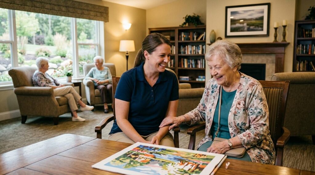 Woman and older woman consult about assisted living